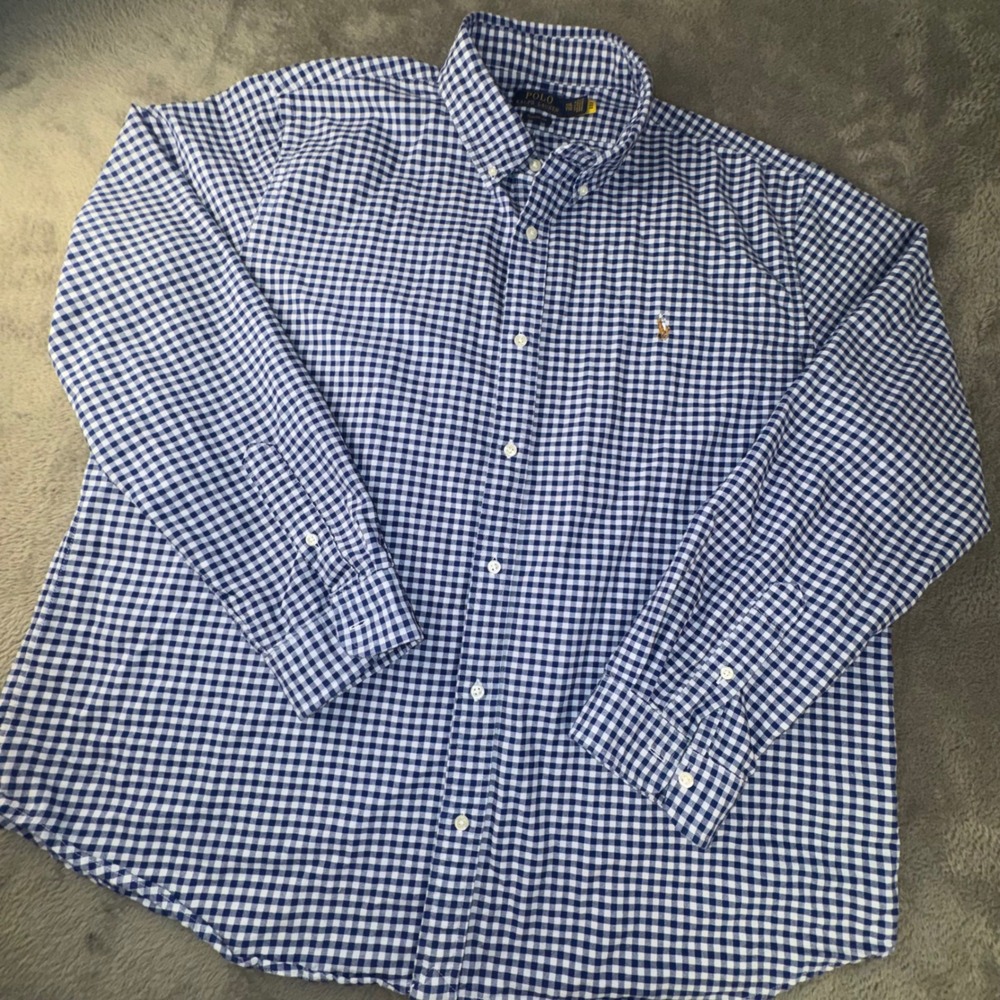 Polo Ralph Lauren Shirt Mens XXL Blue White Gingham Classic Fit Cotton Excellent